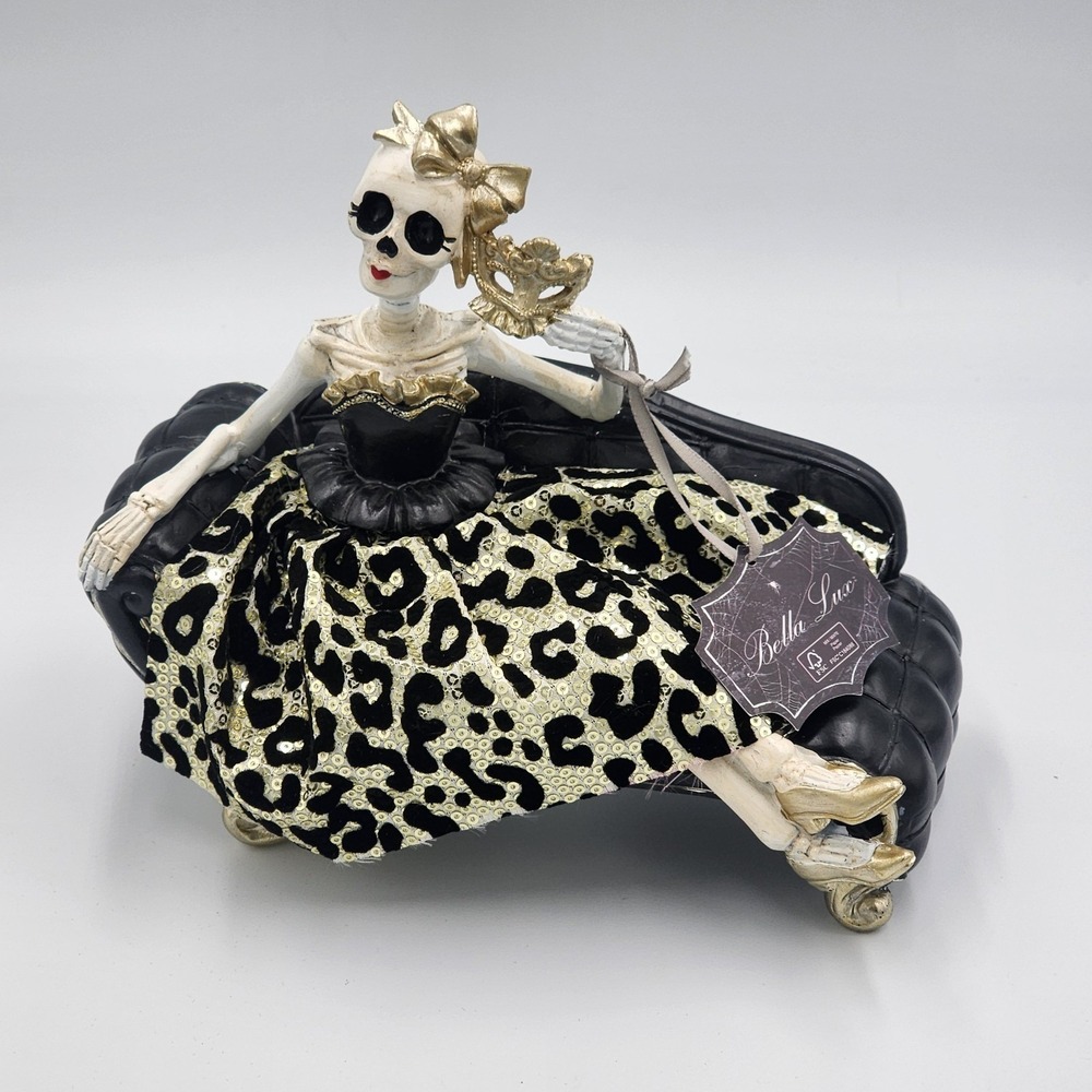 Bella Lux Day of the Dead Skeleton Lady Figurine on Black Chaise Lounge 8.5" NEW